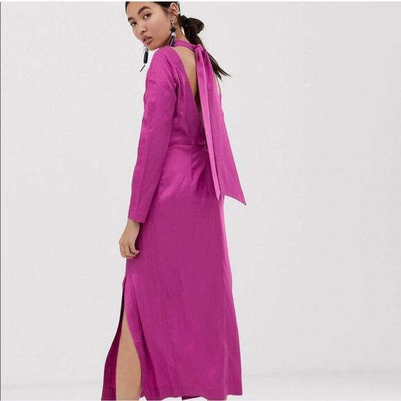 ASOS Satin Formal Pink Crisscross Halter long sleeve dress size 4 small - Picture 2 of 11